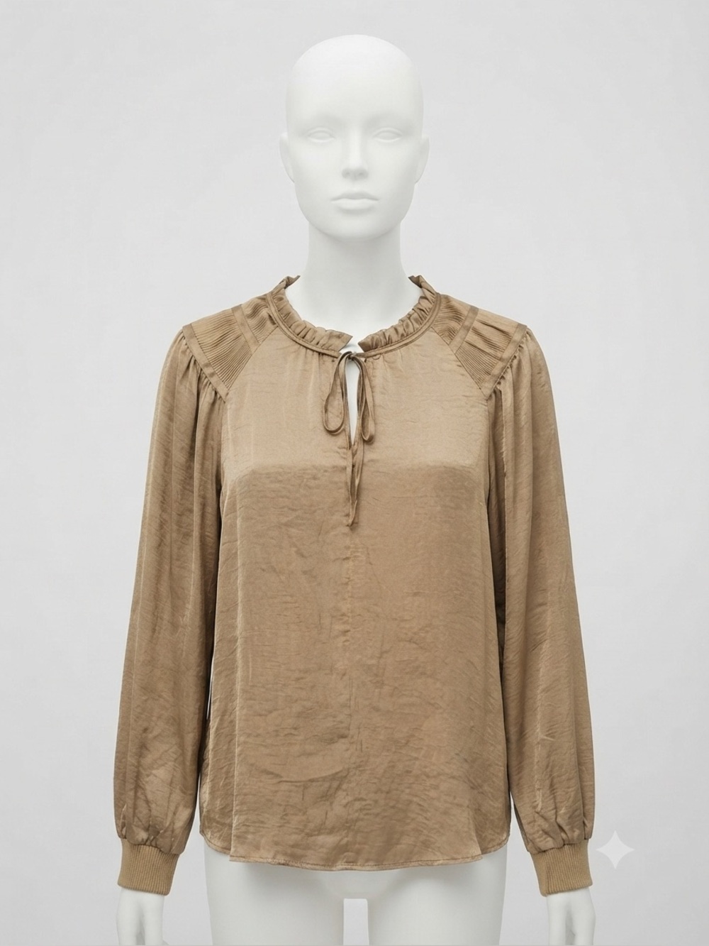Anthropologie Philosophy Gold Satin Blouse XL Puff Sleeve Ruffle Neck Fall